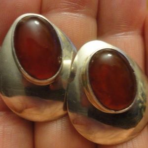 MS Sterling Silver  Pierced Earrings Red Cabochon